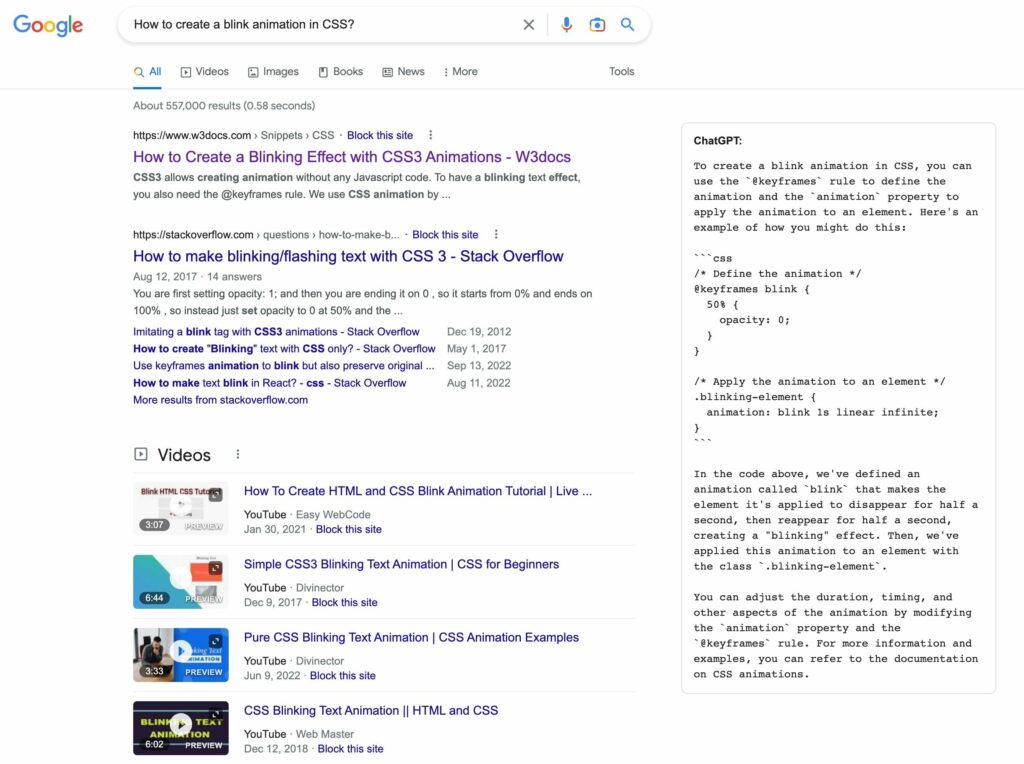 ChatGPT in Google Search Results