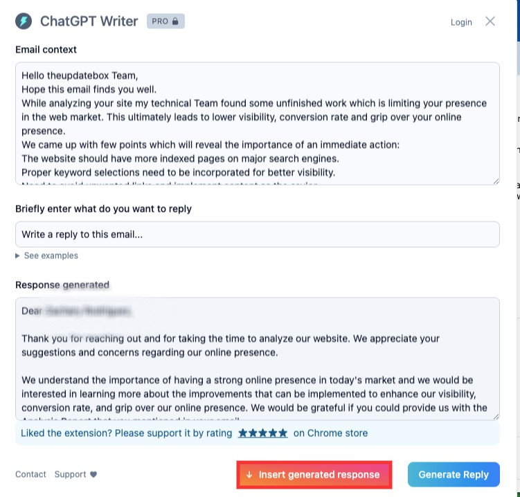 ChatGPT Writer generated response